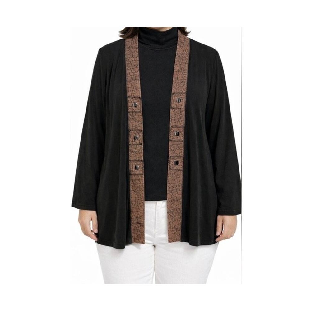 Coldwater Creek Cardigan Size 6 Open Front Long Sleeve Black Brown Trim Aztec